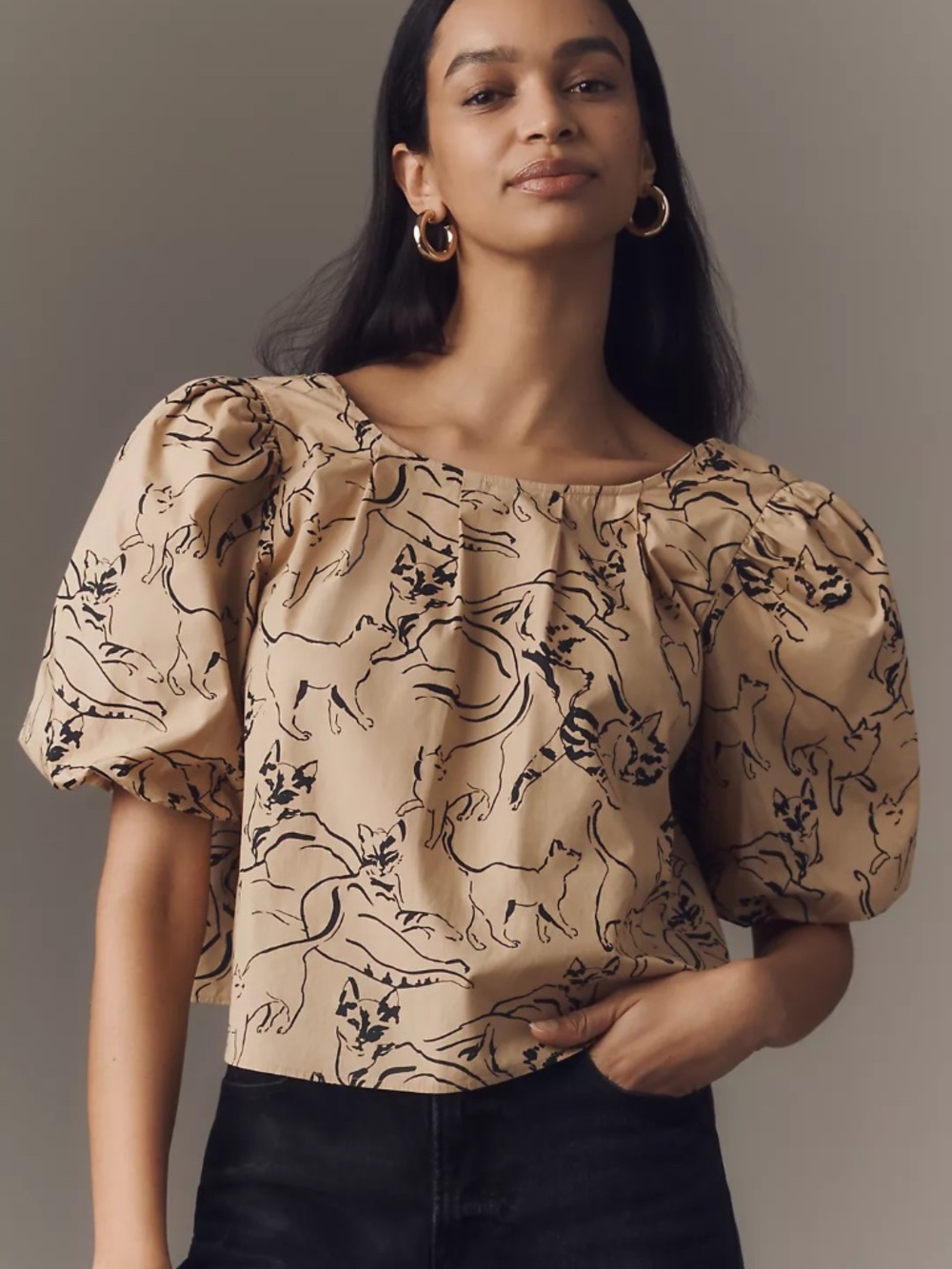 Anthropologie Maeve Puff-Sleeve Swing Blouse Tan Cat Print NWT | Size XS